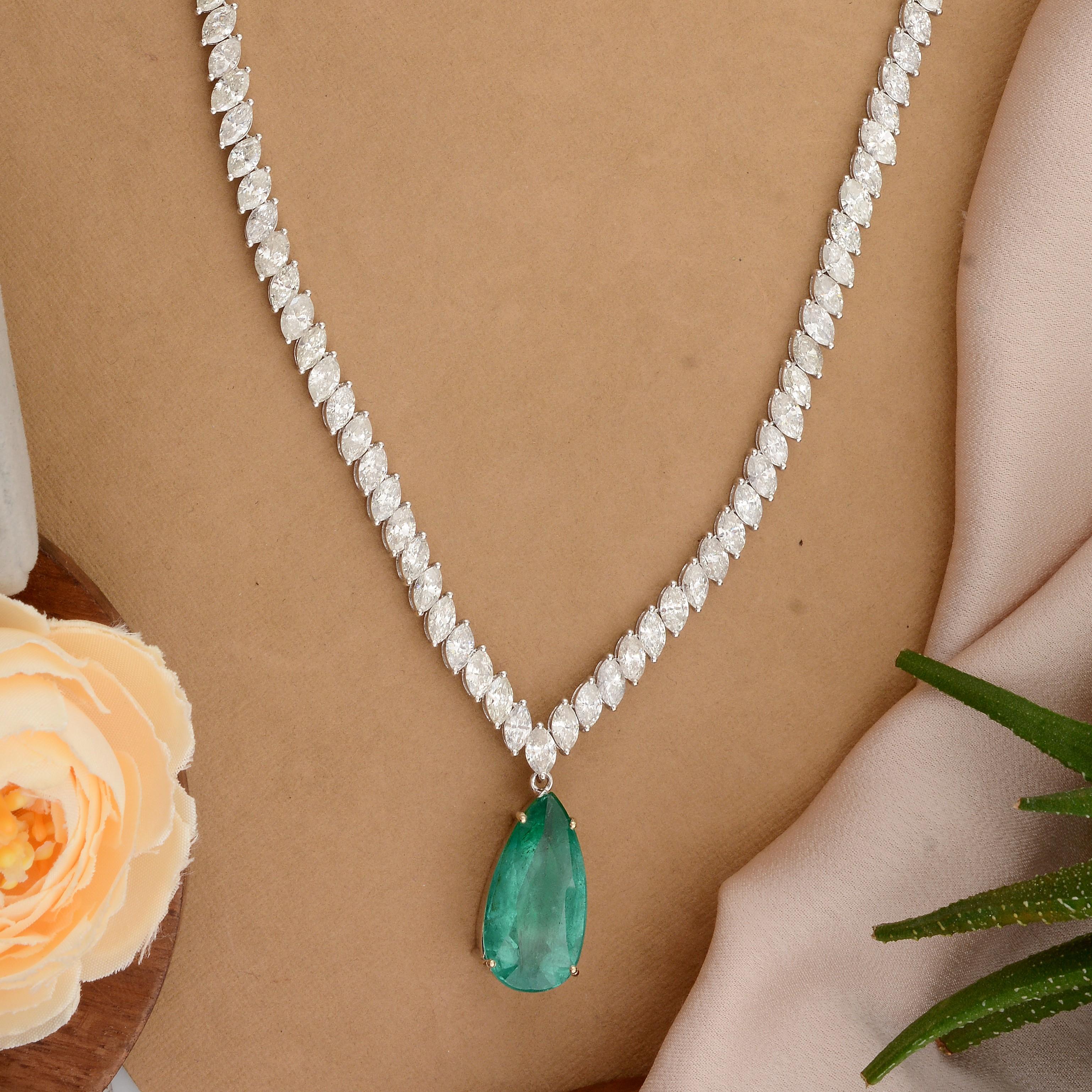 Modern Zambian Emerald Gemstone Charm Necklace Marquise 14 Karat White Gold Jewelry For Sale