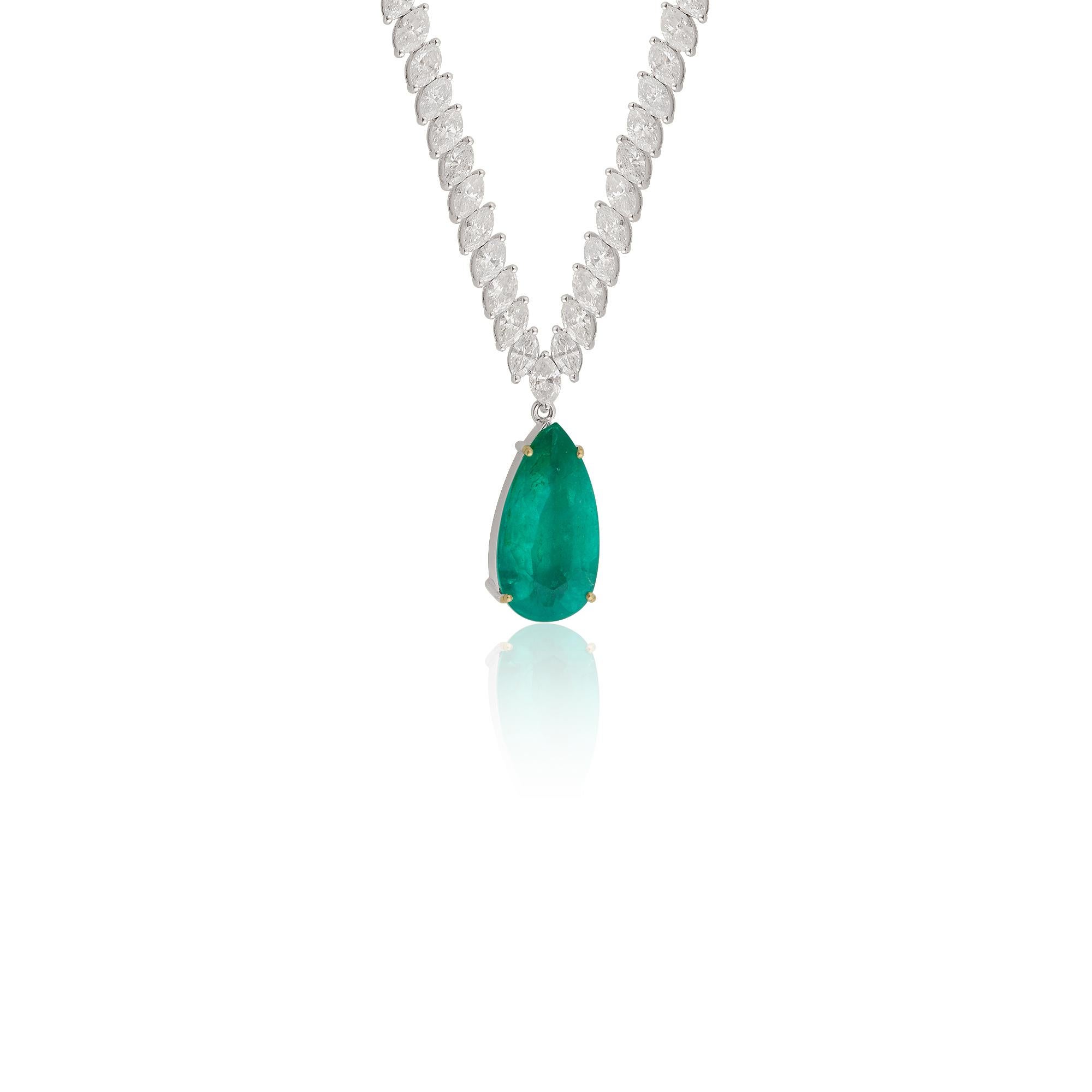 Pear Cut Zambian Emerald Gemstone Charm Necklace Marquise 14 Karat White Gold Jewelry For Sale