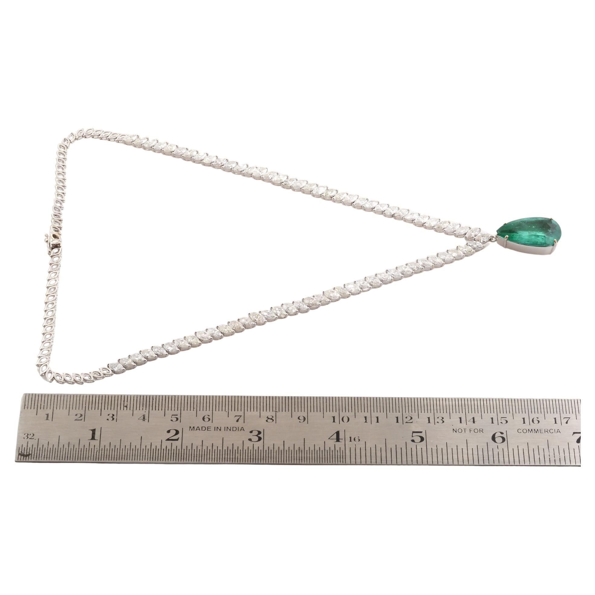 Women's Zambian Emerald Gemstone Charm Necklace Marquise 14 Karat White Gold Jewelry For Sale
