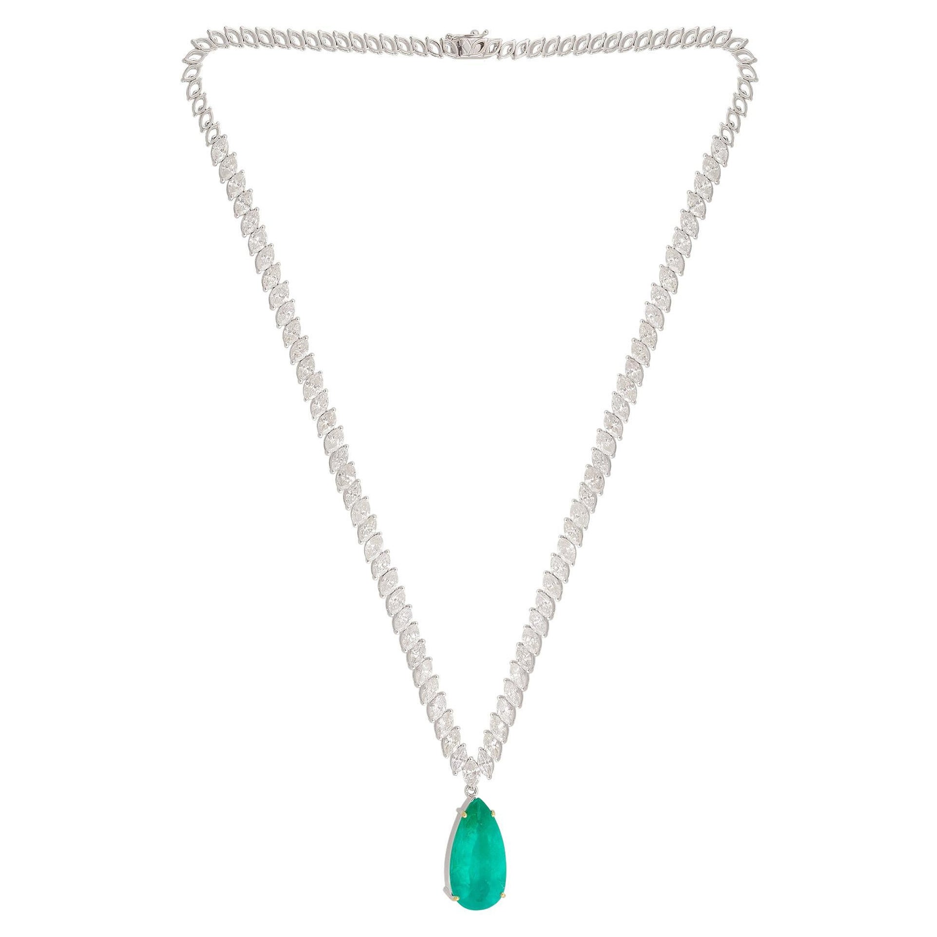 Zambian Emerald Gemstone Charm Necklace Marquise 14 Karat White Gold Jewelry