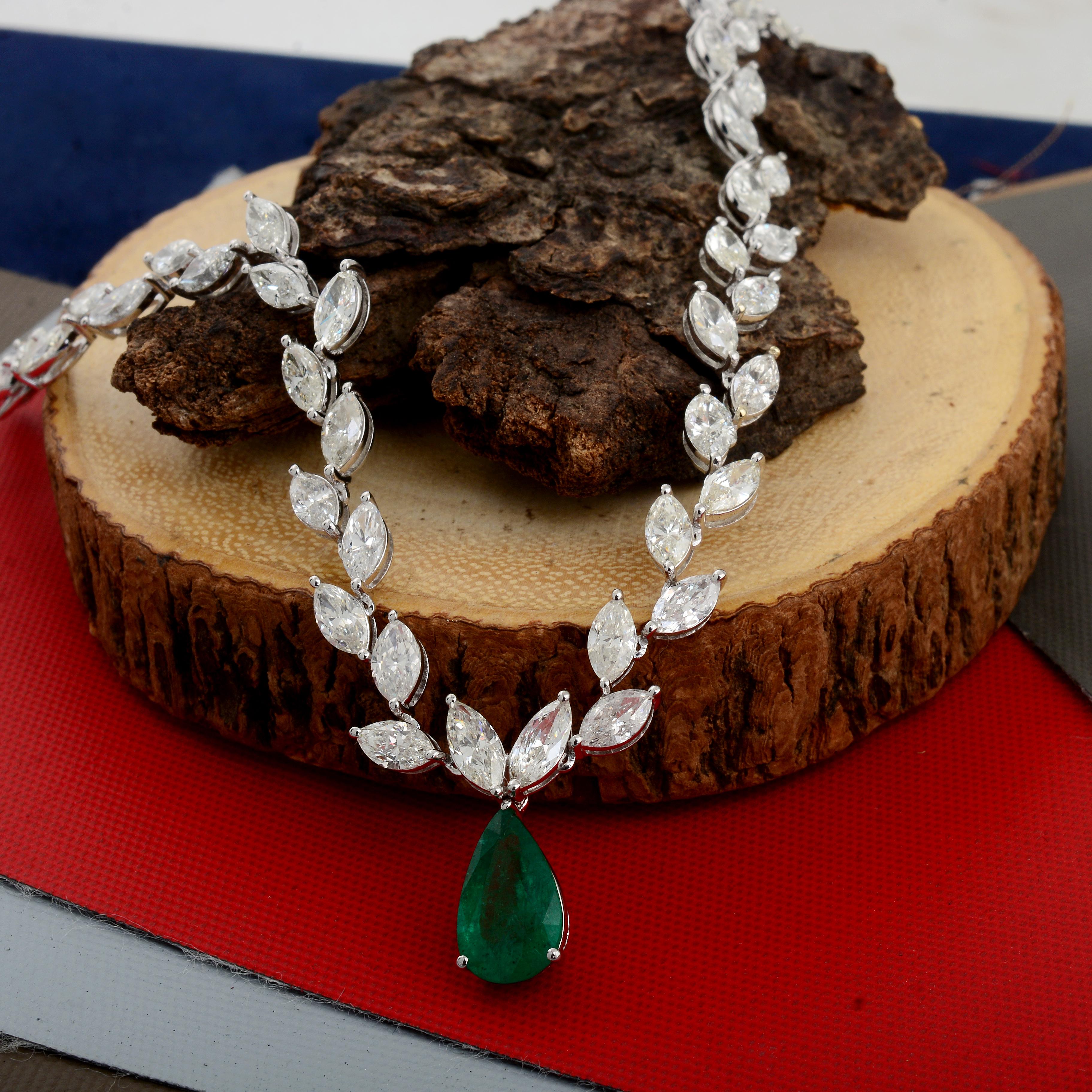 Modern Zambian Emerald Gemstone Charm Necklace Marquise Diamond 18 Karat White Gold For Sale