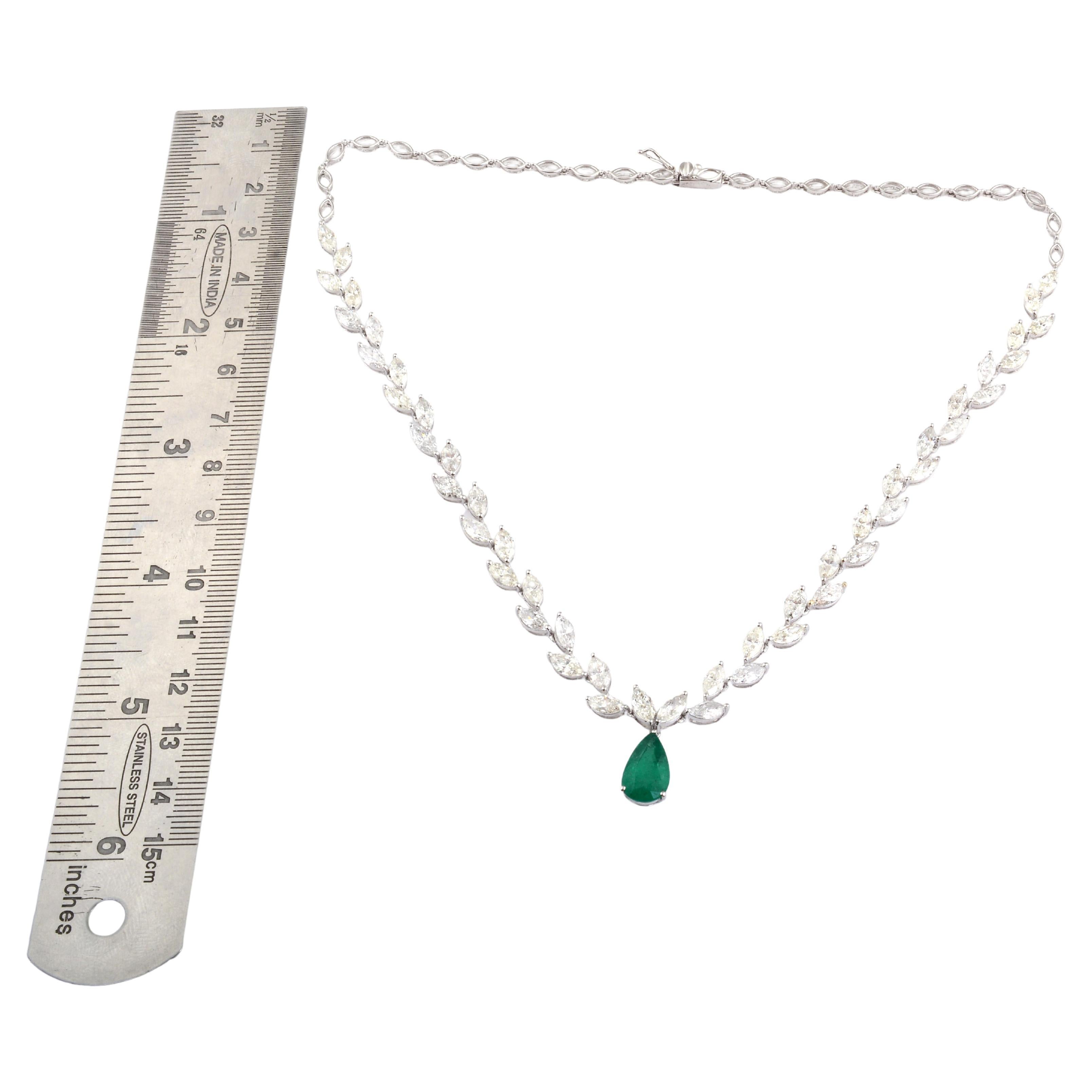 Women's Zambian Emerald Gemstone Charm Necklace Marquise Diamond 18 Karat White Gold For Sale