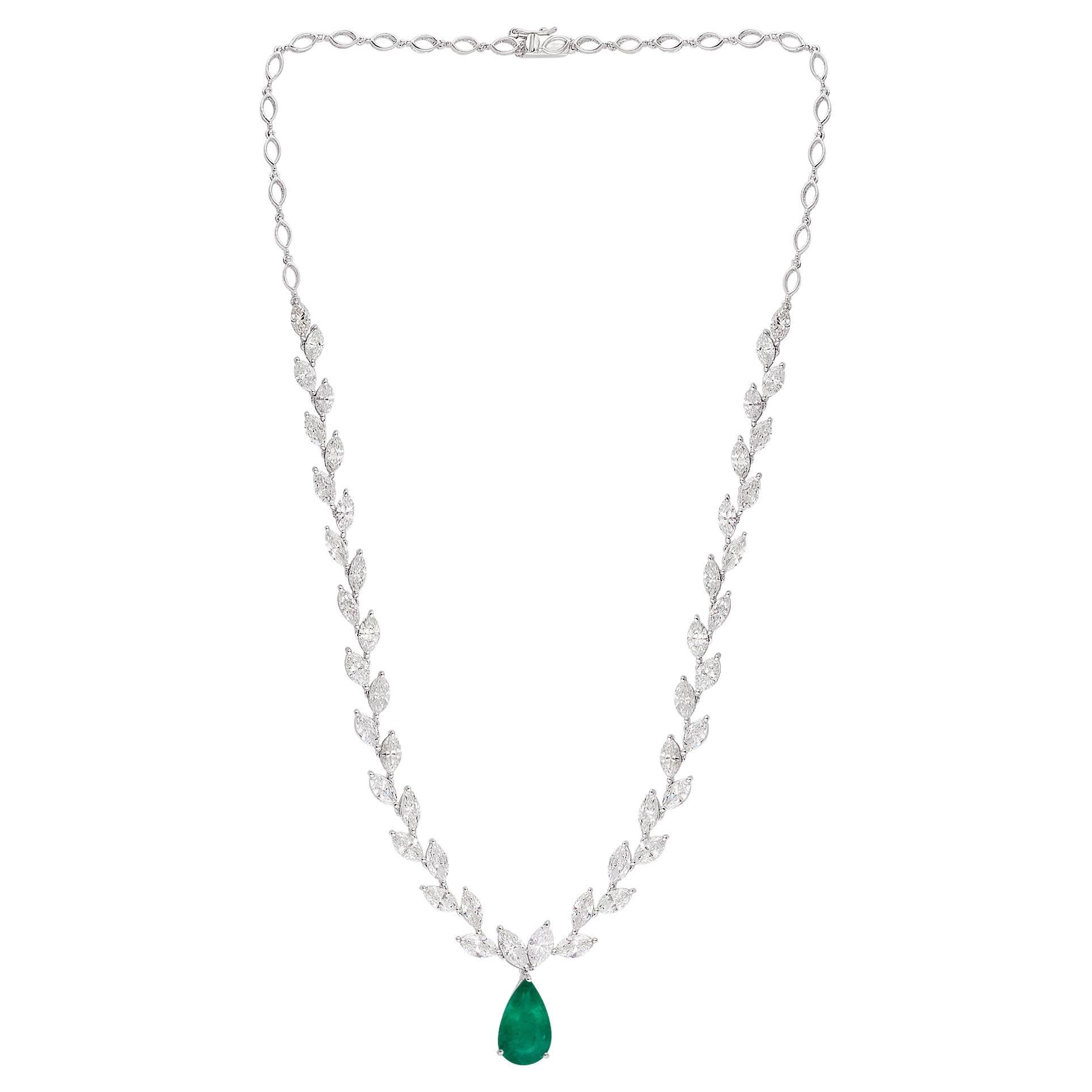 Zambian Emerald Gemstone Charm Necklace Marquise Diamond 18 Karat White Gold For Sale