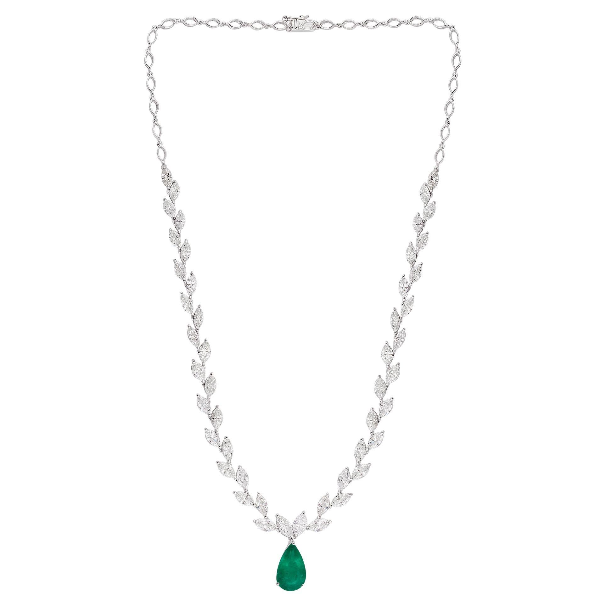Sambischer Smaragd Edelstein Charme Halskette Marquise Diamant 18 Karat Weißgold