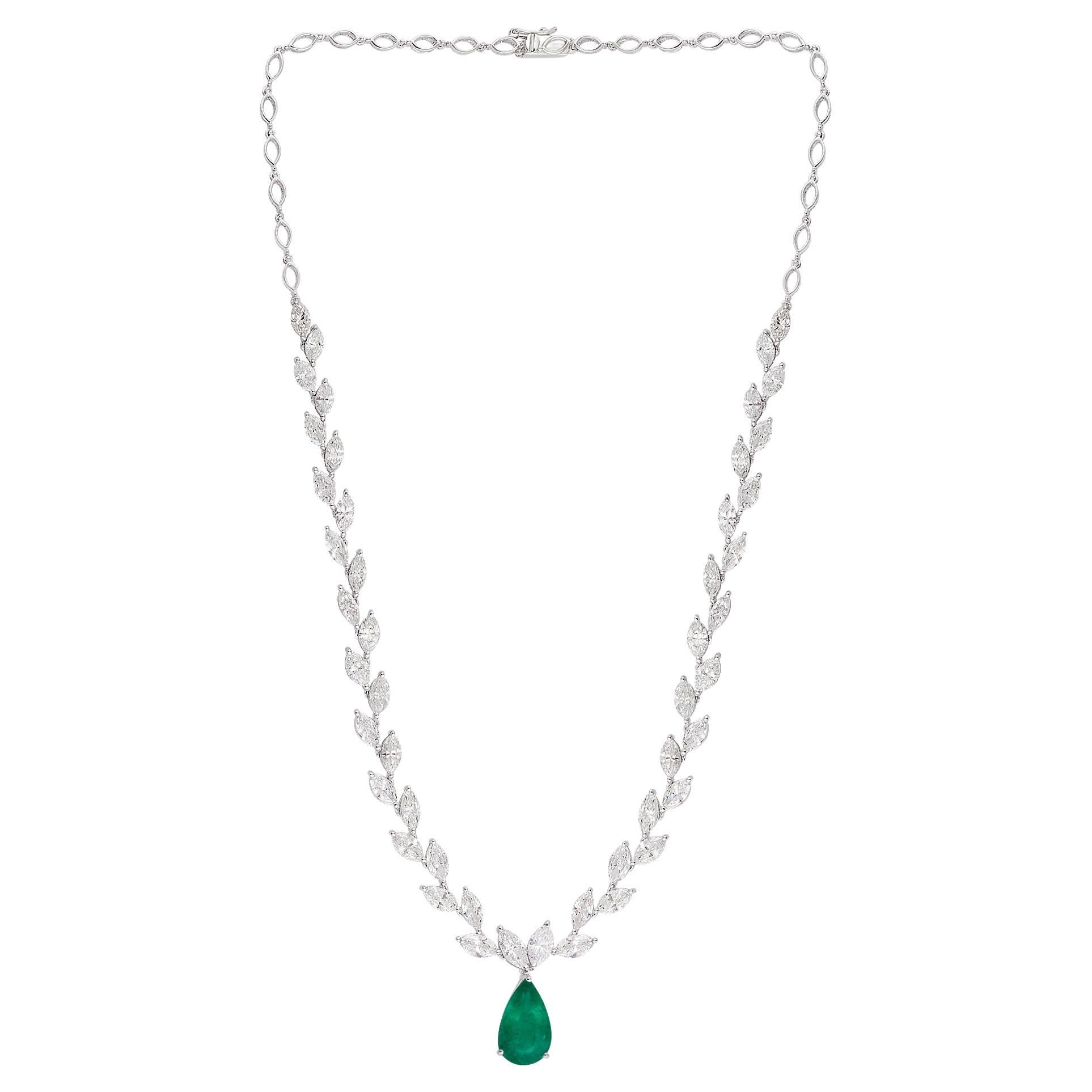 Zambian Emerald Gemstone Charm Necklace Marquise Diamond 14 Karat White Gold For Sale