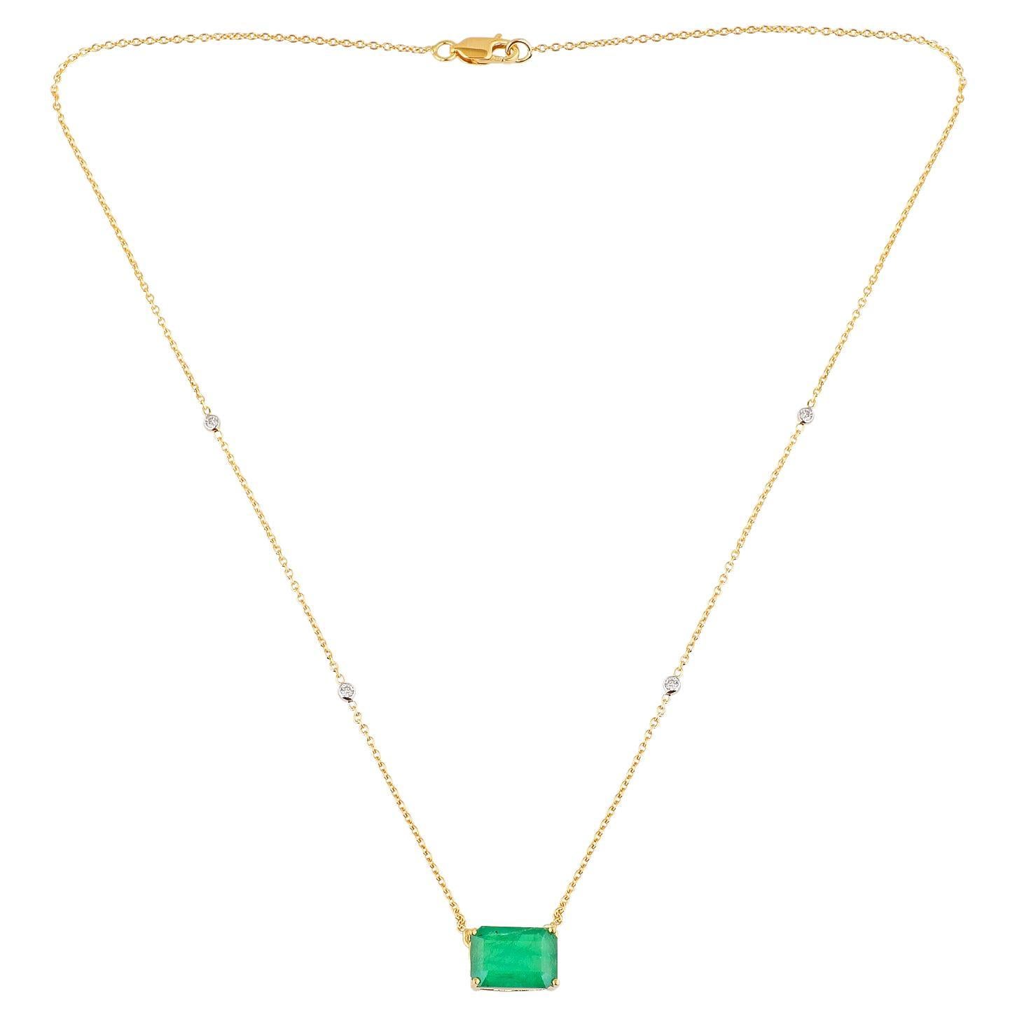 Smaragd-Edelstein-Charm-Anhänger-Halskette mit Diamant 14k Gelbgold Schmuck