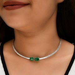 Zambian Emerald Gemstone Choker Necklace Baguette Diamond 14 Karat White Gold