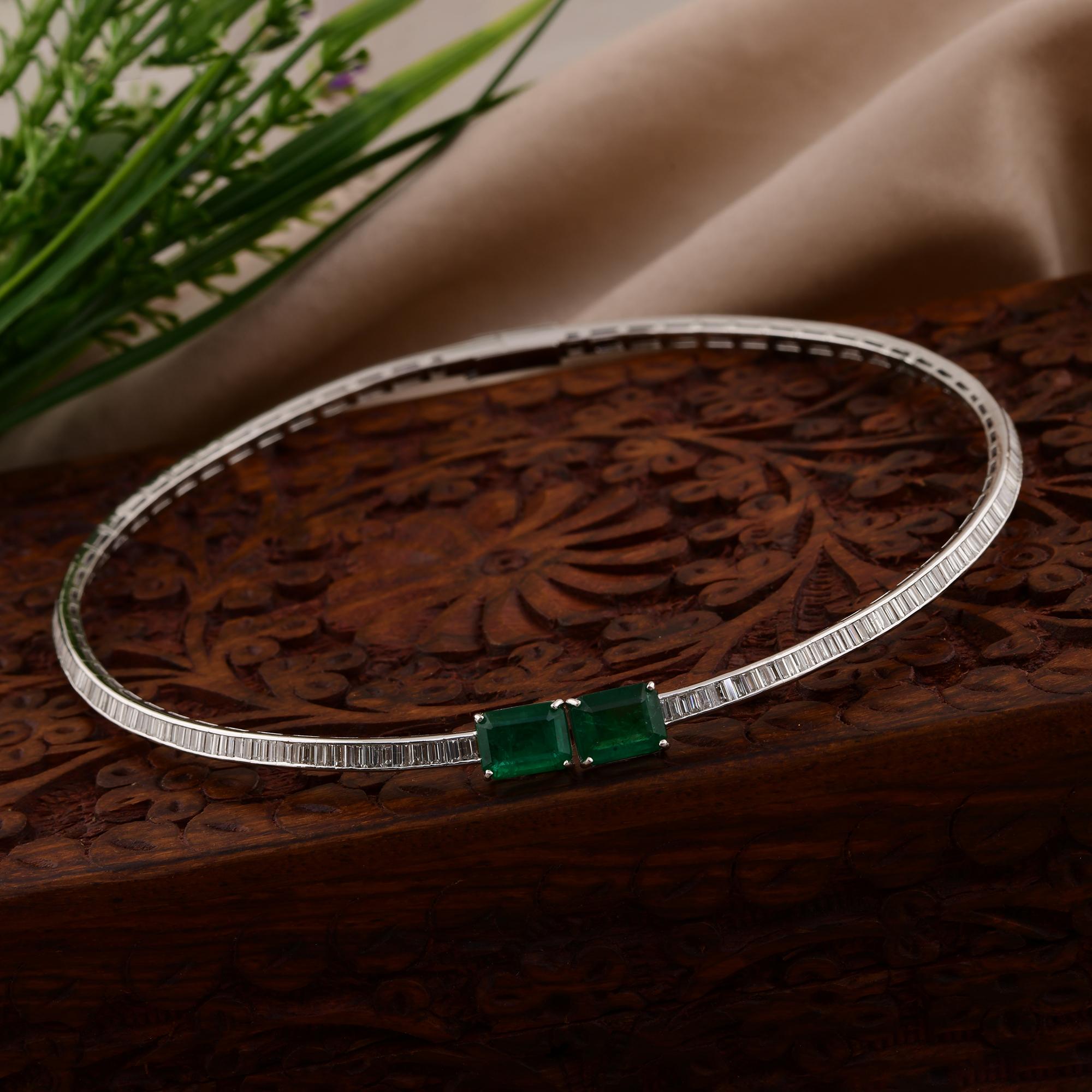 Emerald Cut Zambian Emerald Gemstone Choker Necklace Baguette Diamond 14 Karat White Gold For Sale