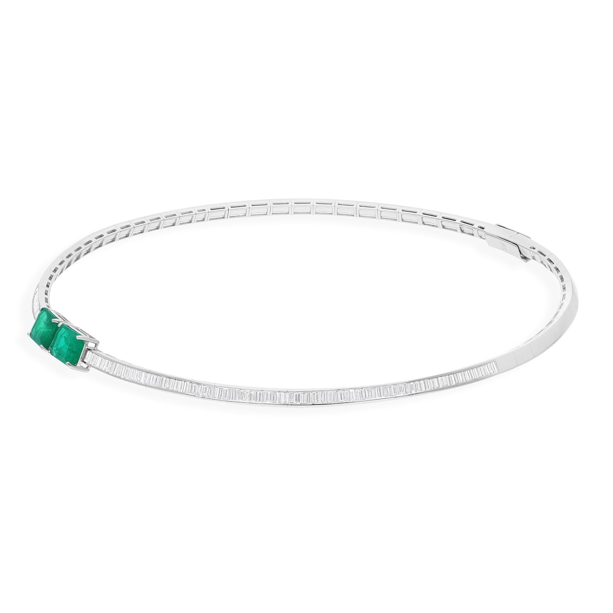 Zambian Emerald Gemstone Choker Necklace Baguette Diamond 14 Karat White Gold In New Condition For Sale In Diera, Dubai