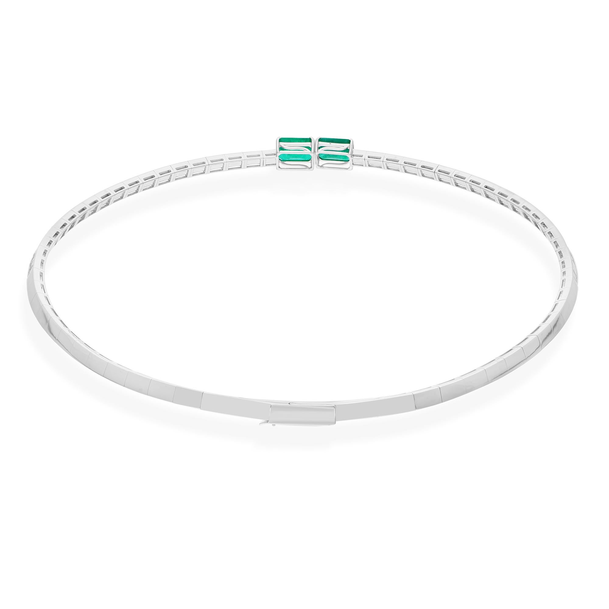 Women's Zambian Emerald Gemstone Choker Necklace Baguette Diamond 14 Karat White Gold For Sale