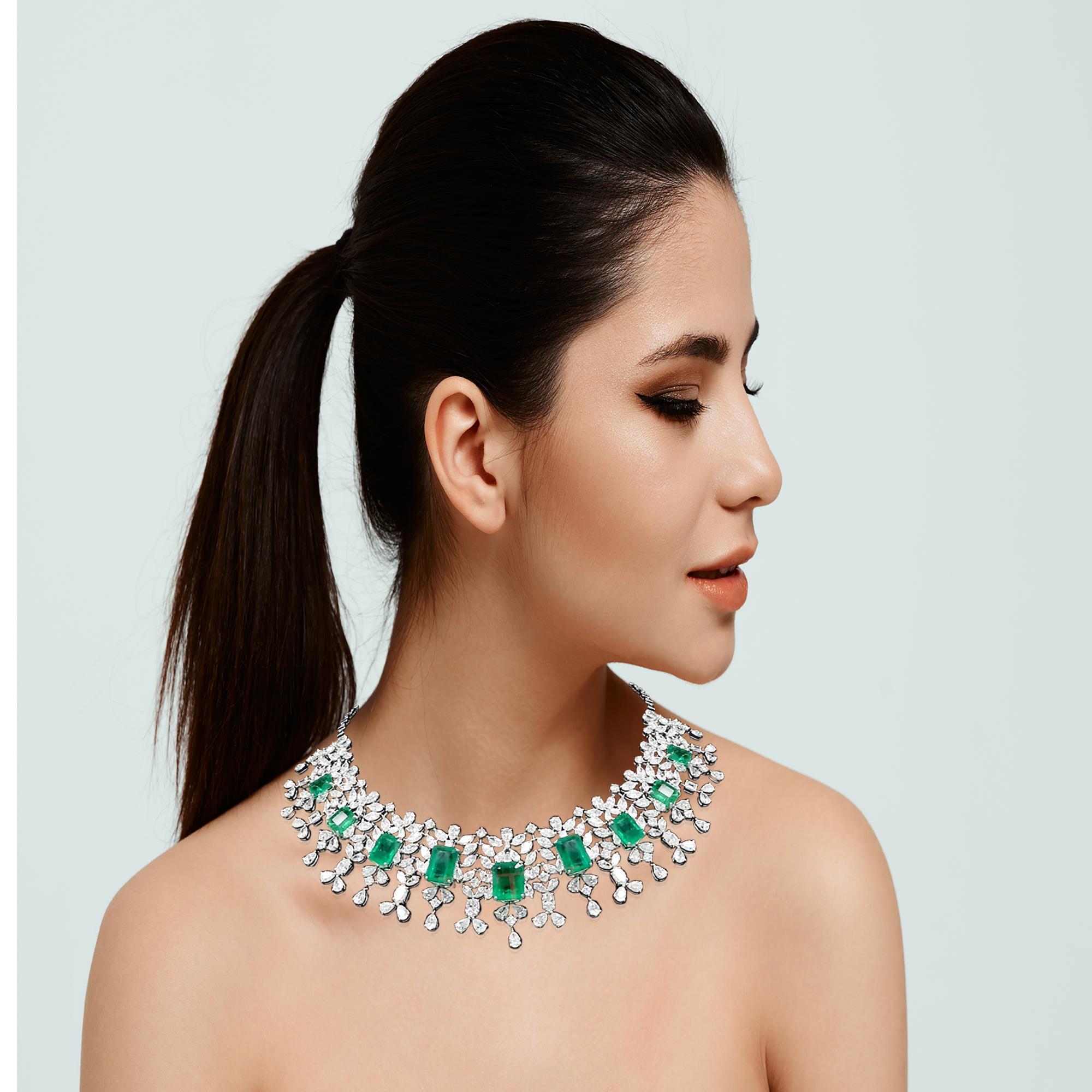 Zambian Emerald Gemstone Choker Necklace Diamond 14 Karat White Gold Jewelry For Sale 1