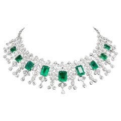 Zambian Emerald Gemstone Choker Necklace Diamond 14 Karat White Gold Jewelry