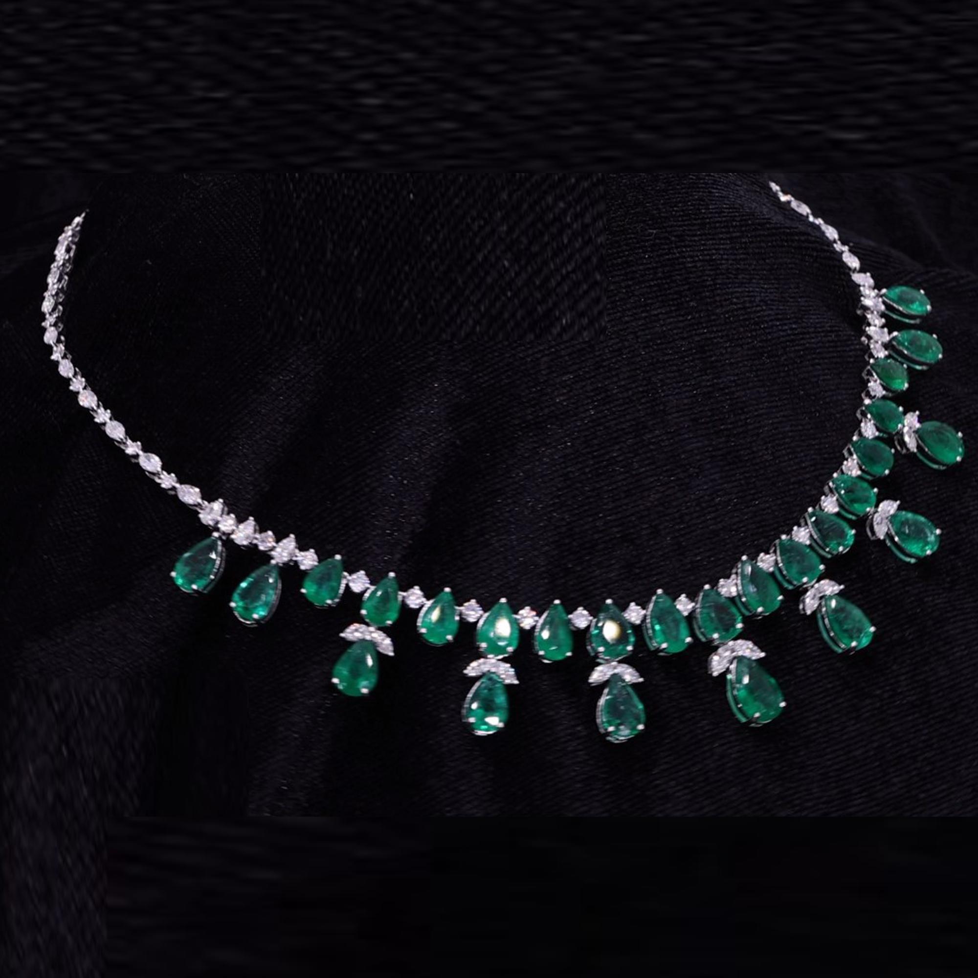 Emerald Cut Zambian Emerald Gemstone Choker Necklace Diamond 18 Karat White Gold Jewelry For Sale