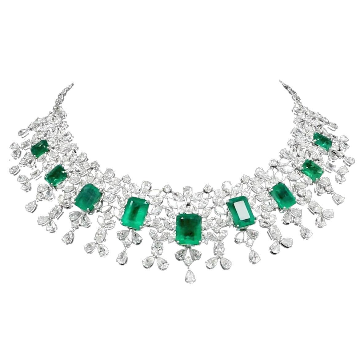 Zambian Emerald Gemstone Choker Necklace Diamond 18 Karat White Gold Jewelry For Sale