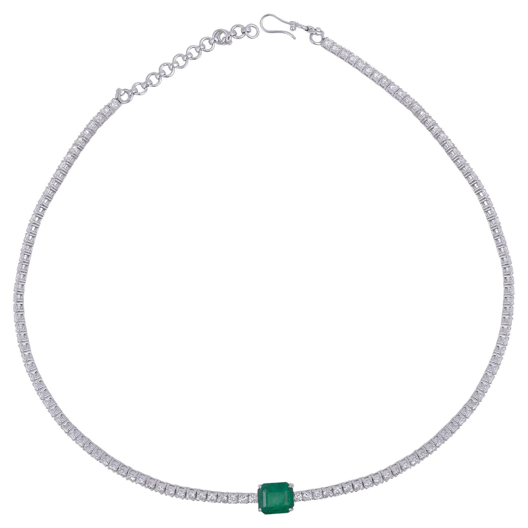 Natural Emerald Gemstone Choker Necklace Diamond Solid 18k White Gold Jewelry For Sale