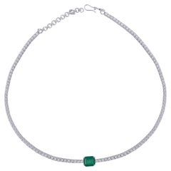 Natural Emerald Gemstone Choker Necklace Diamond Solid 18k White Gold Jewelry