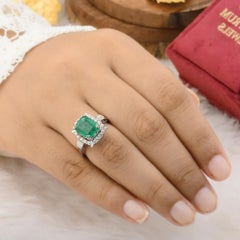 10K White Gold Zambian Emerald Gemstone SI/H Diamond Cocktail Ring 4.28 Tcw