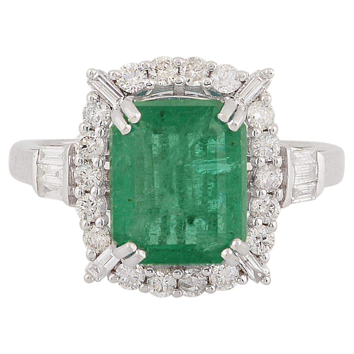 Zambian Emerald Gemstone Cocktail Fine Ring Baguette Diamond 10 Karat White Gold For Sale