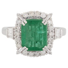 Zambian Emerald Gemstone Cocktail Fine Ring Baguette Diamond 10 Karat White Gold
