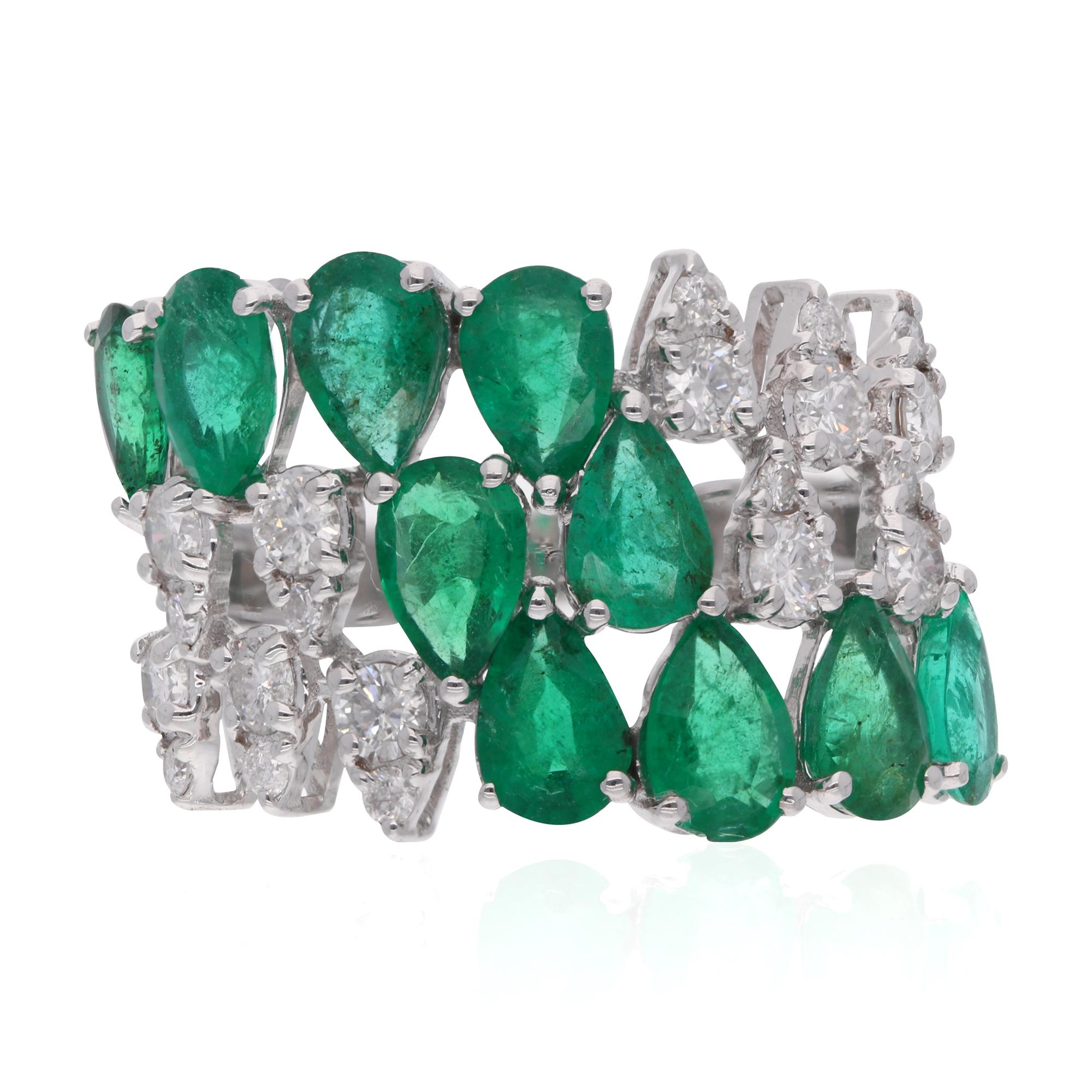 For Sale:  Zambian Emerald Gemstone Cocktail Ring 14 Karat White Gold SI/HI Diamond Jewelry