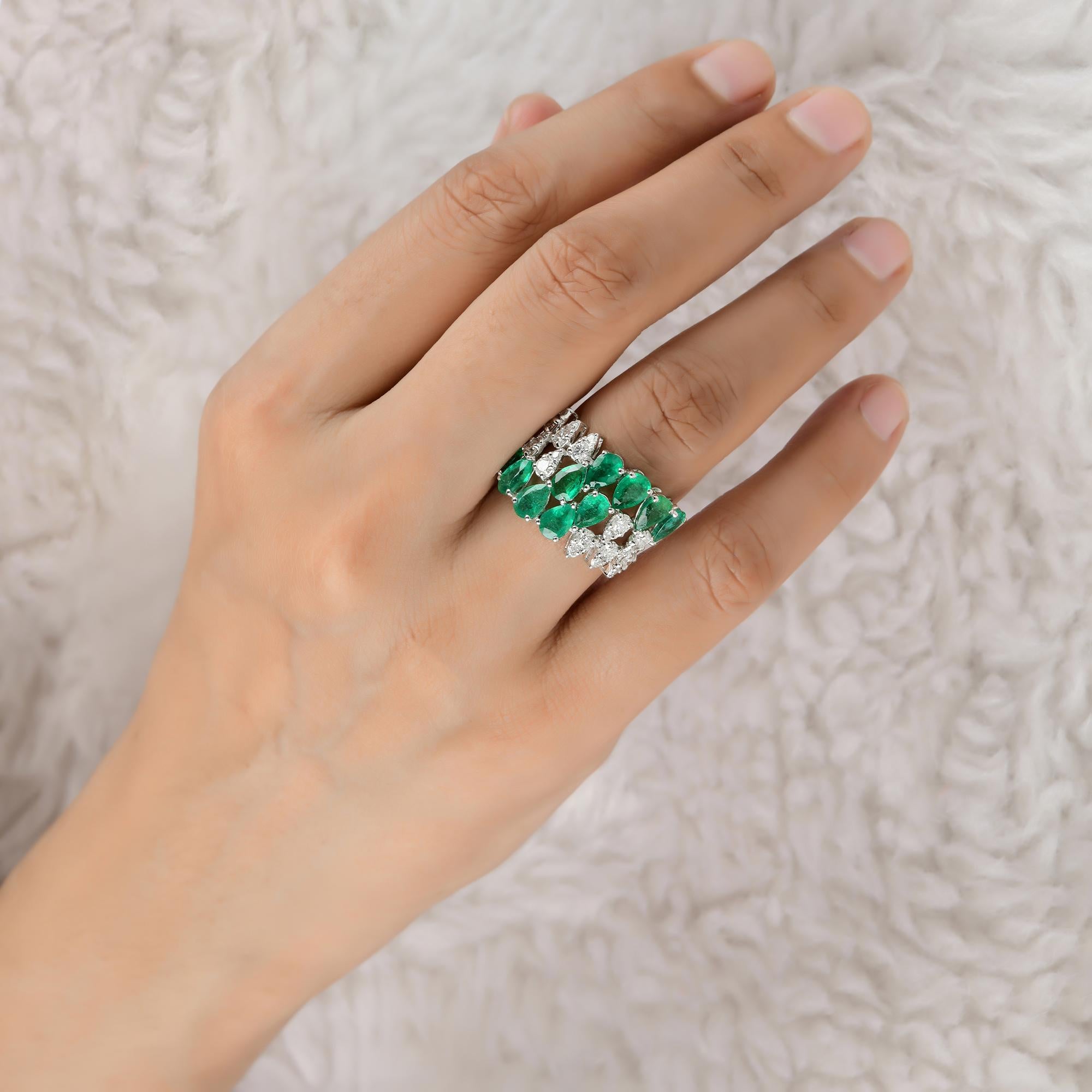 Modern Zambian Emerald Gemstone Cocktail Ring 18 Karat White Gold Diamond Fine Jewelry For Sale