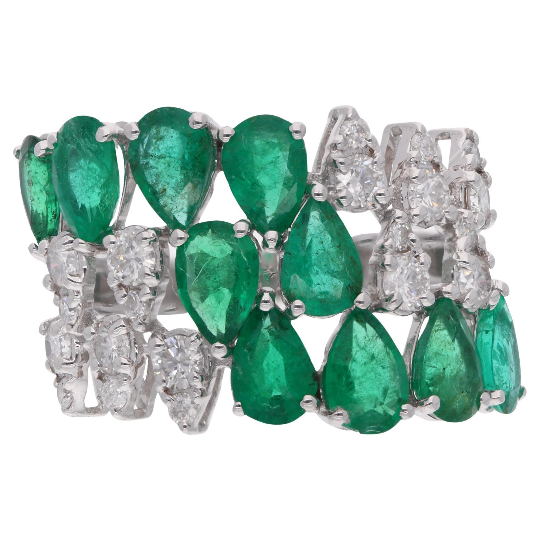 Zambian Emerald Gemstone Cocktail Ring 18 Karat White Gold Diamond Fine Jewelry For Sale