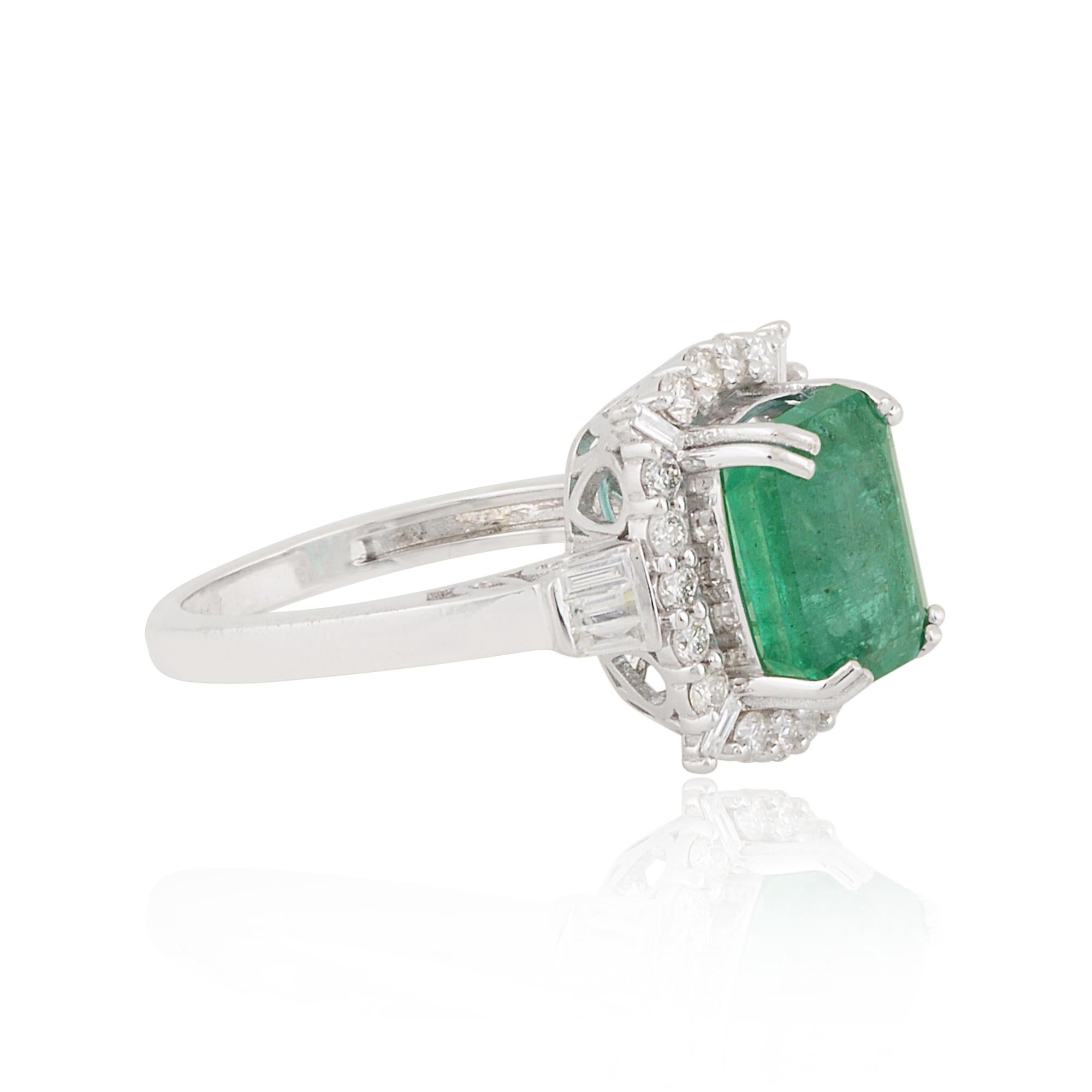 Modern Zambian Emerald Gemstone Cocktail Ring Baguette Diamond 10k White Gold Jewelry For Sale