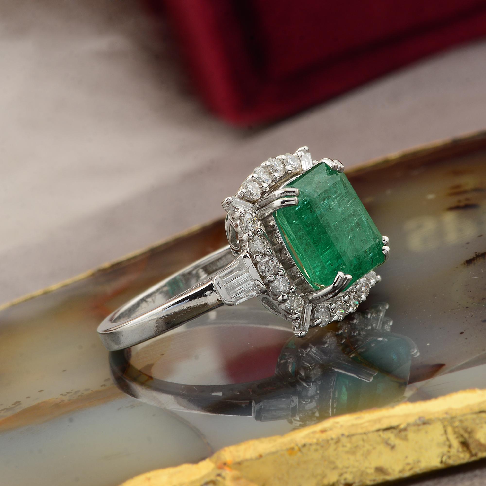 Baguette Cut Zambian Emerald Gemstone Cocktail Ring Baguette Diamond 10k White Gold Jewelry For Sale