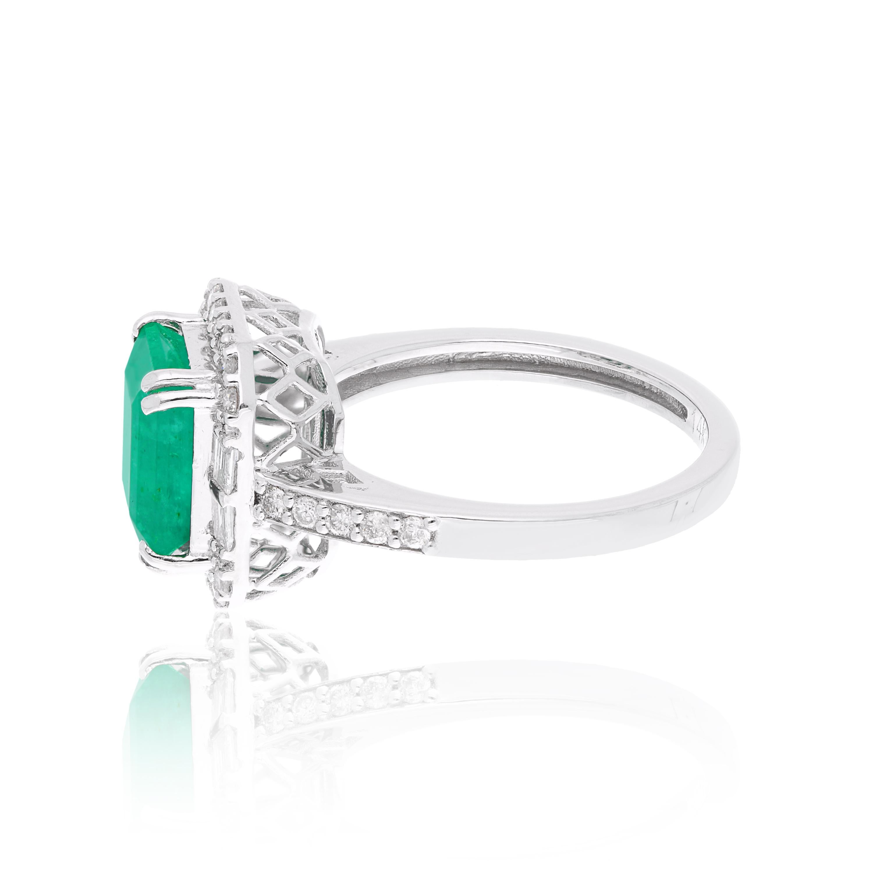 Modern Natural Emerald Gemstone Cocktail Ring Baguette Diamond 14k White Gold Jewelry For Sale
