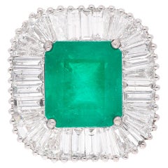 Zambian Emerald Gemstone Cocktail Ring Baguette Diamond 18k White Gold Jewelry