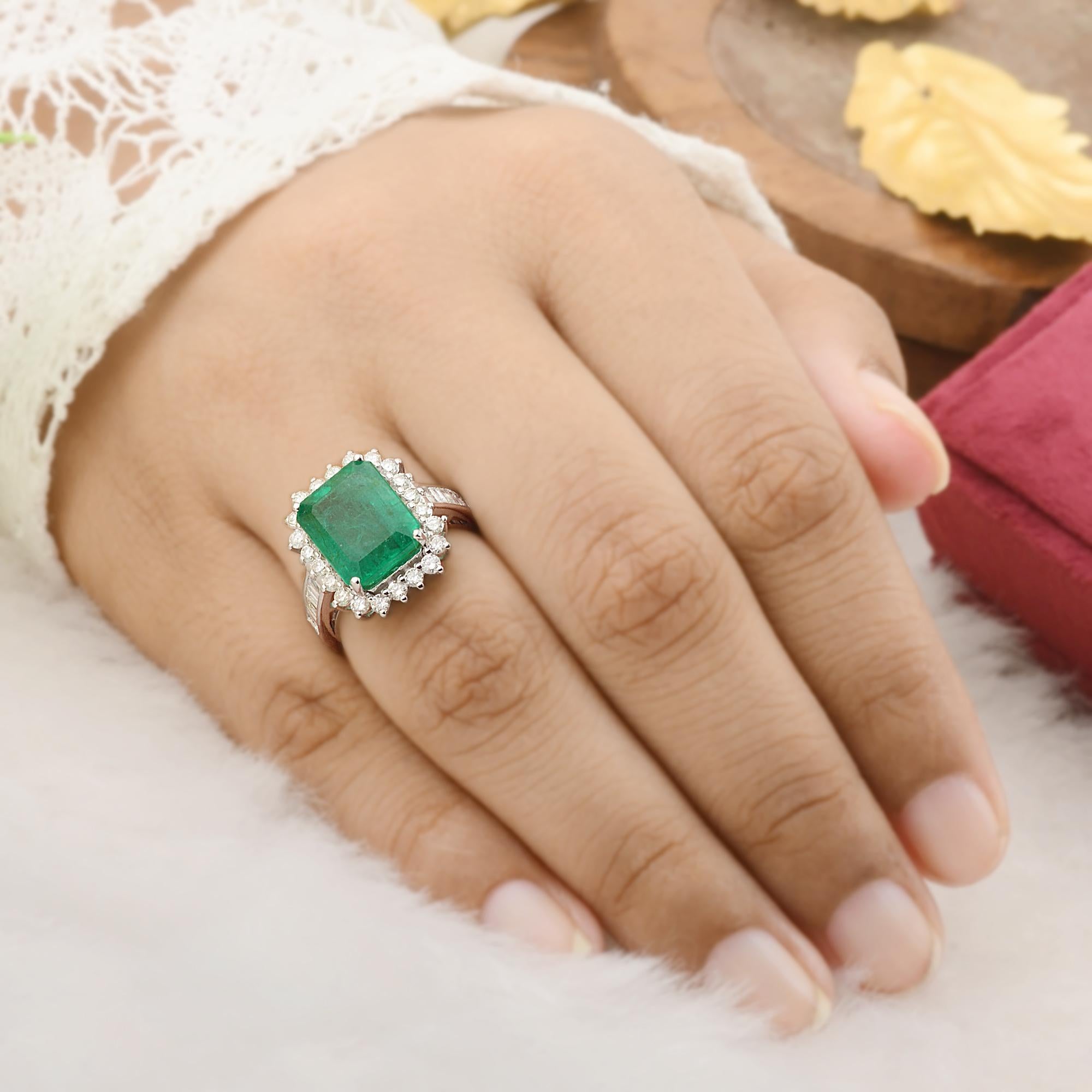 For Sale:  Zambian Emerald Gemstone Cocktail Ring Baguette Round Diamond 10k White Gold 2