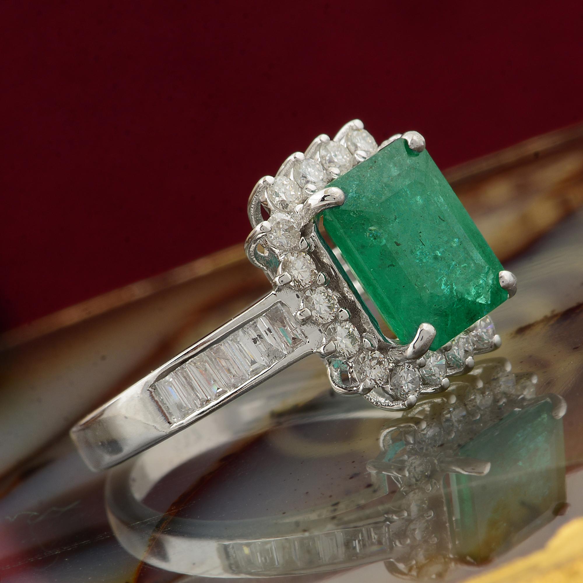 Modern Zambian Emerald Gemstone Cocktail Ring Baguette Round Diamond 10k White Gold For Sale