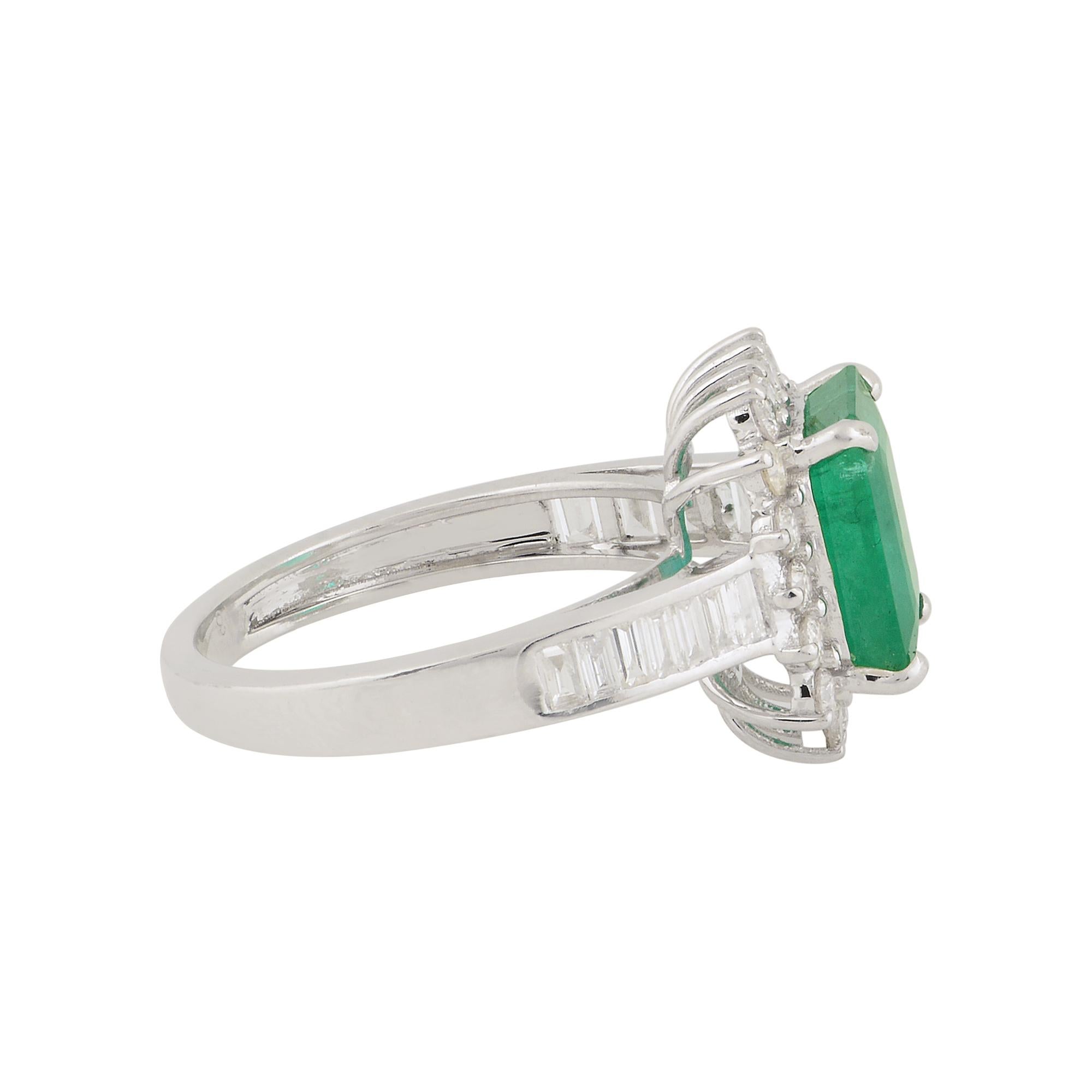 For Sale:  Zambian Emerald Gemstone Cocktail Ring Baguette Round Diamond 10k White Gold 5