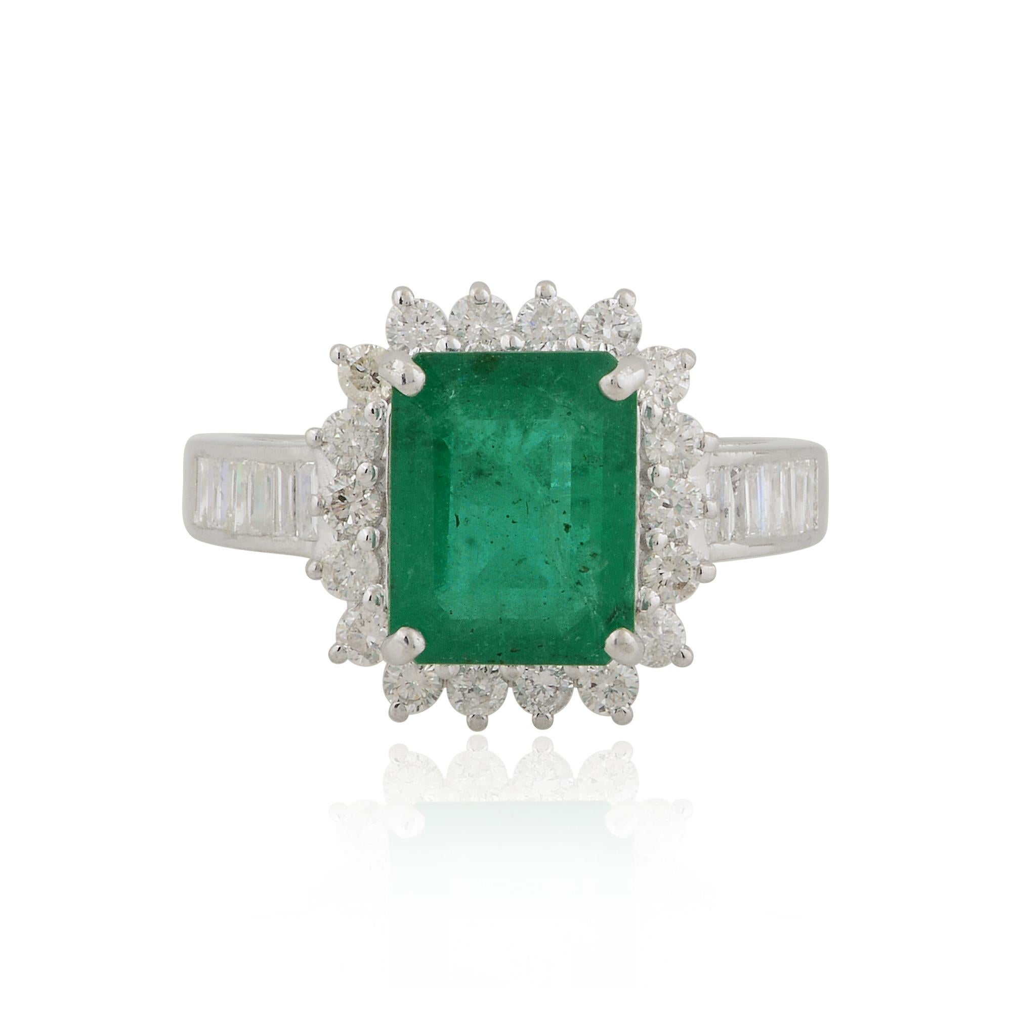 For Sale:  Zambian Emerald Gemstone Cocktail Ring Baguette Round Diamond 10k White Gold 6