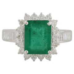 Zambian Emerald Gemstone Cocktail Ring Baguette Round Diamond 10k White Gold