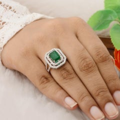 Zambian Emerald Gemstone Cocktail Ring Diamond 10 Karat White Gold Fine Jewelry