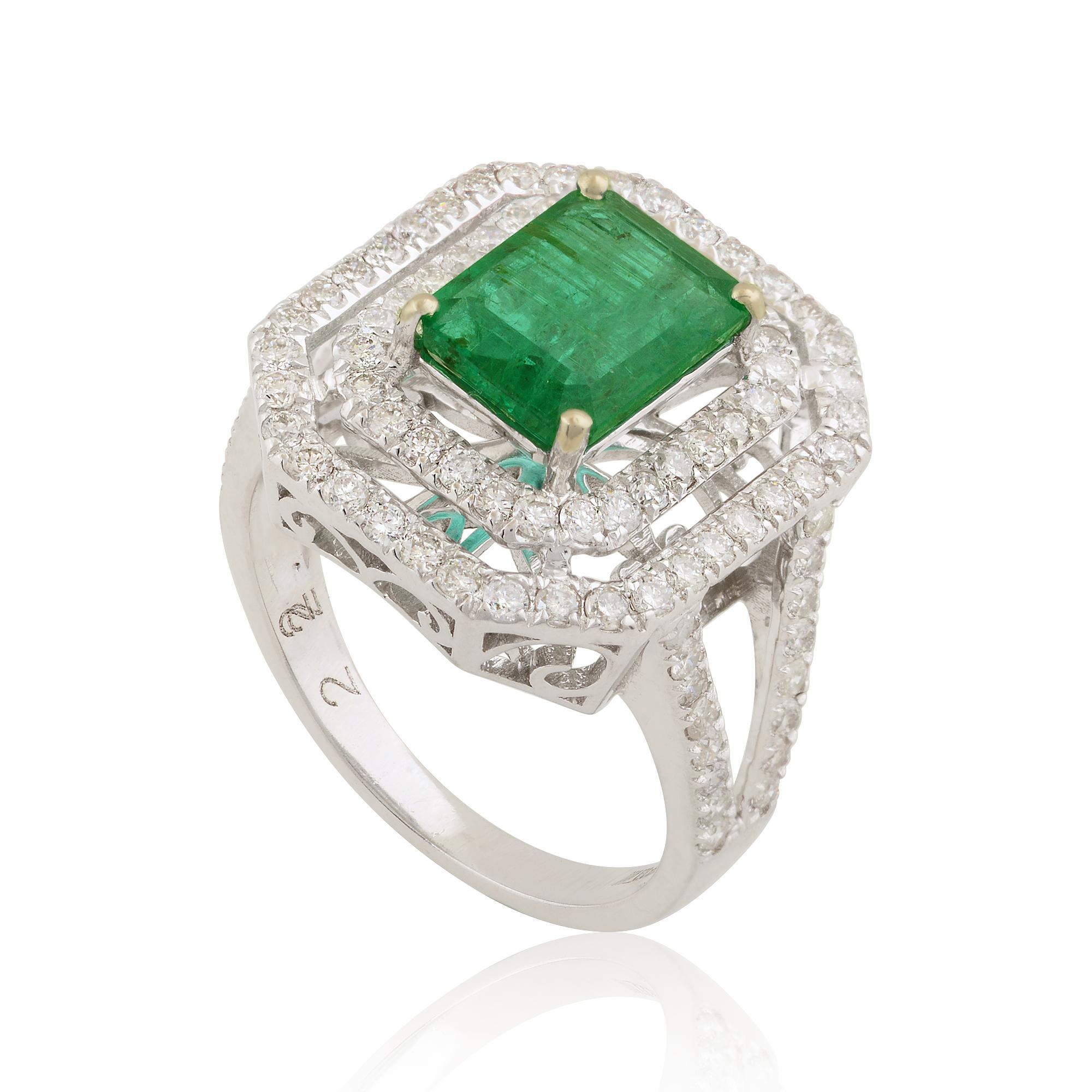 Modern Zambian Emerald Gemstone Cocktail Ring Diamond 10 Karat White Gold Fine Jewelry For Sale