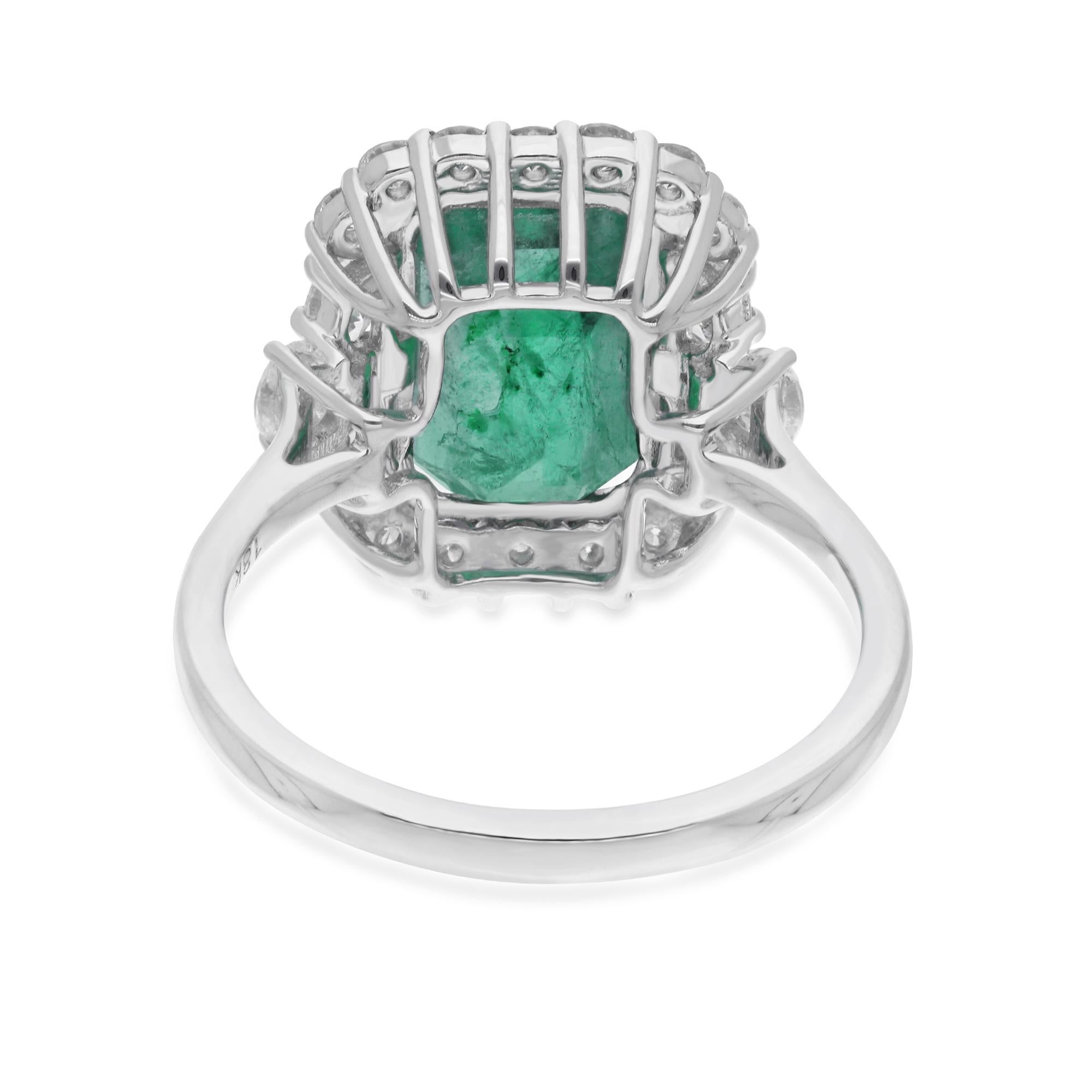 Modern Zambian Emerald Gemstone Cocktail Ring Diamond 10 Karat White Gold Fine Jewelry For Sale