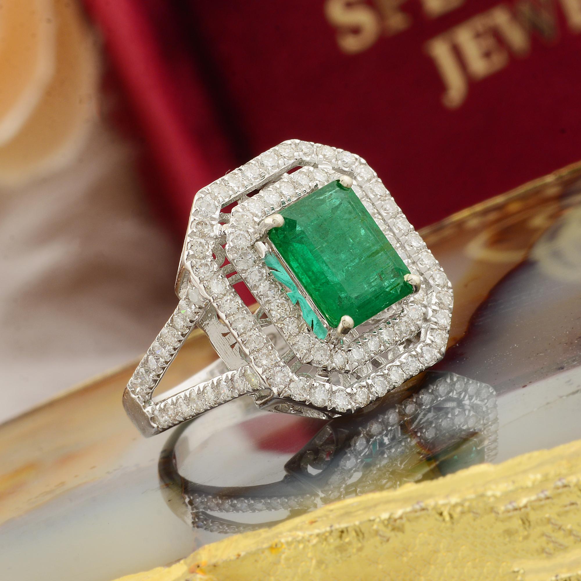 Emerald Cut Zambian Emerald Gemstone Cocktail Ring Diamond 10 Karat White Gold Fine Jewelry For Sale