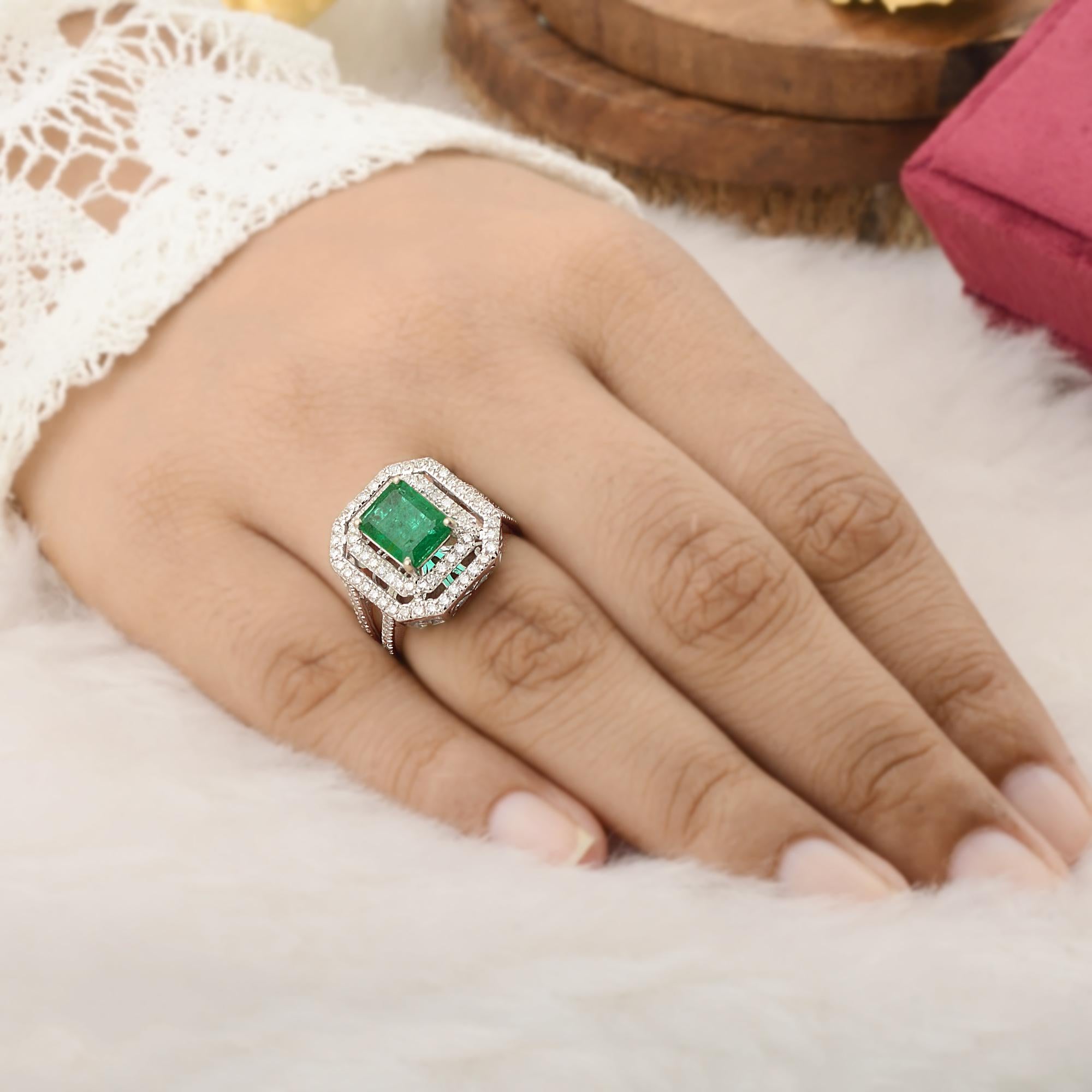 Women's Zambian Emerald Gemstone Cocktail Ring Diamond 10 Karat White Gold Fine Jewelry For Sale