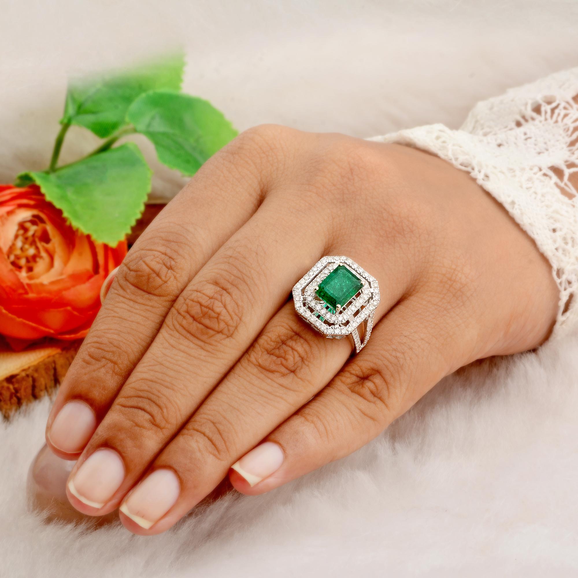 Zambian Emerald Gemstone Cocktail Ring Diamond 10 Karat White Gold Fine Jewelry For Sale 1