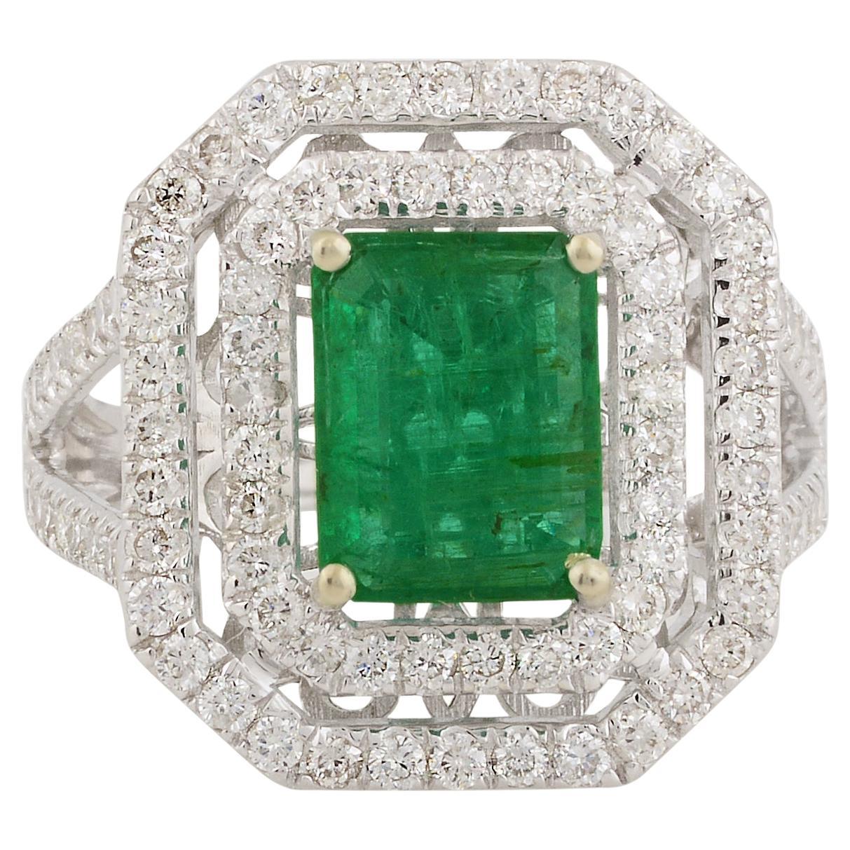 Zambian Emerald Gemstone Cocktail Ring Diamond 10 Karat White Gold Fine Jewelry For Sale