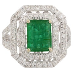 Zambian Emerald Gemstone Cocktail Ring Diamond 10 Karat White Gold Fine Jewelry