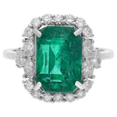 Zambian Emerald Gemstone Cocktail Ring Diamond 10 Karat White Gold Fine Jewelry