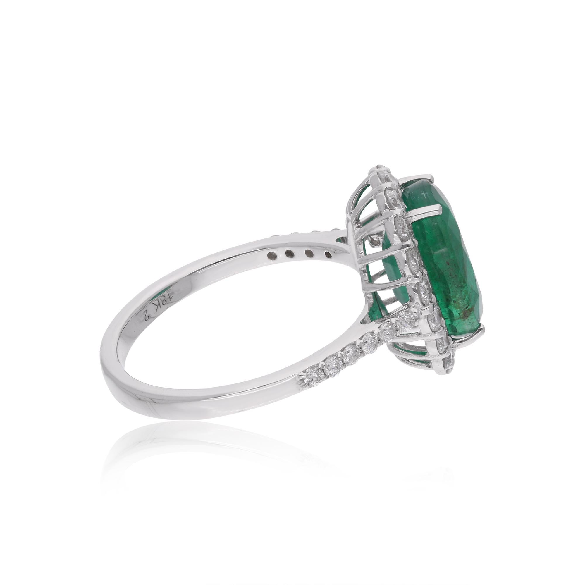 Modern Zambian Emerald Gemstone Cocktail Ring Diamond 14 Karat White Gold Fine Jewelry For Sale