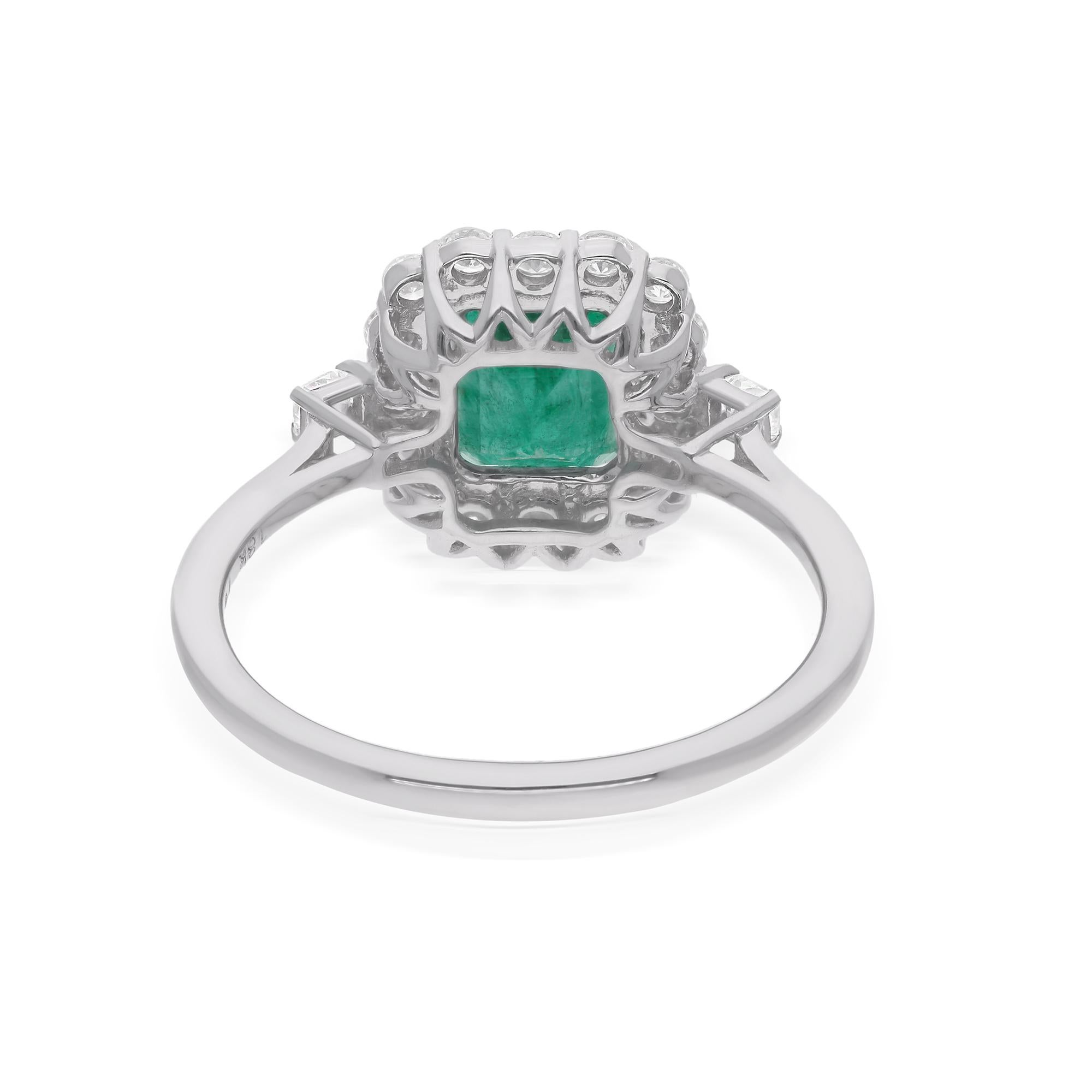 Modern Zambian Emerald Gemstone Cocktail Ring Diamond 14 Karat White Gold Fine Jewelry For Sale