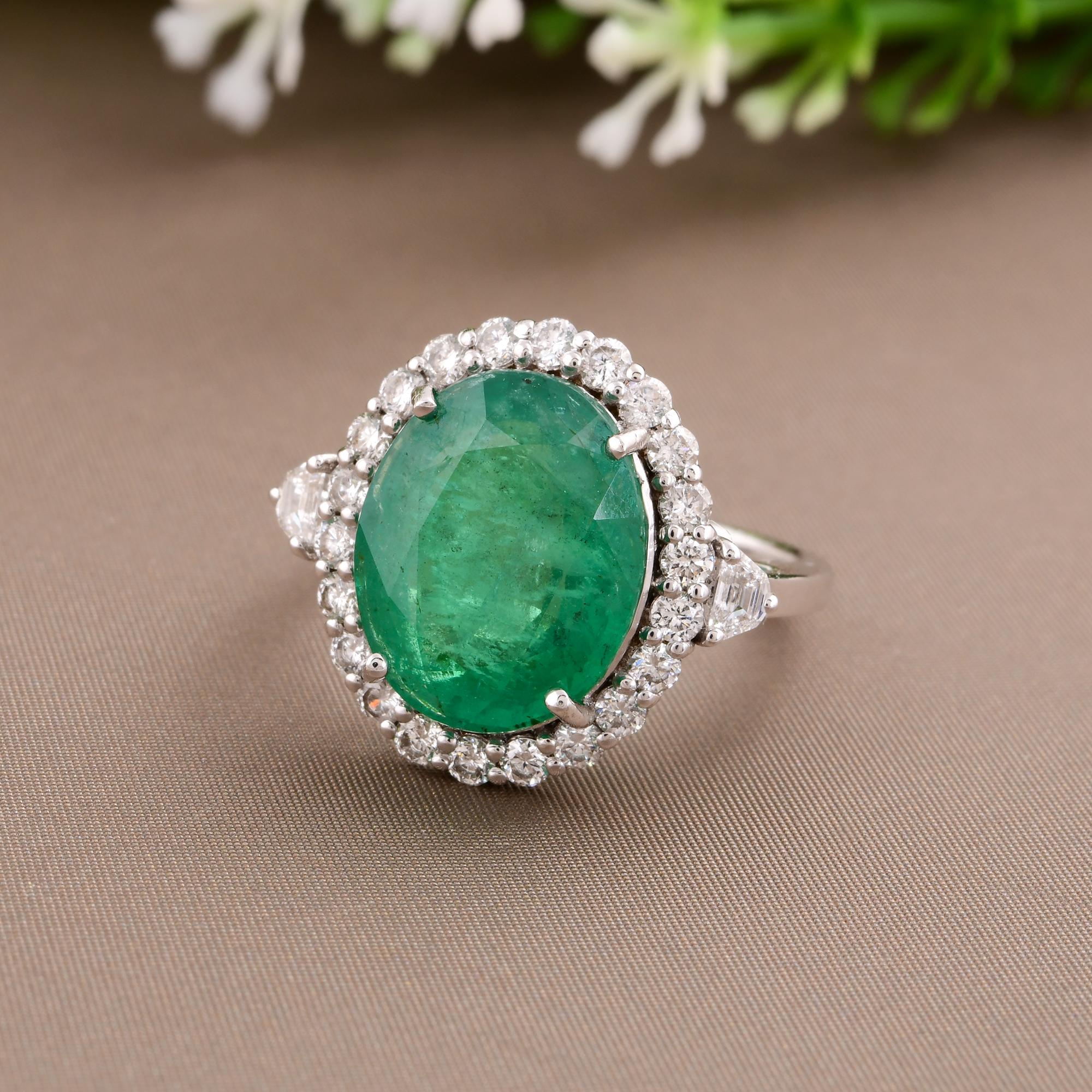 Oval Cut Zambian Emerald Gemstone Cocktail Ring Diamond 14 Karat White Gold Fine Jewelry For Sale