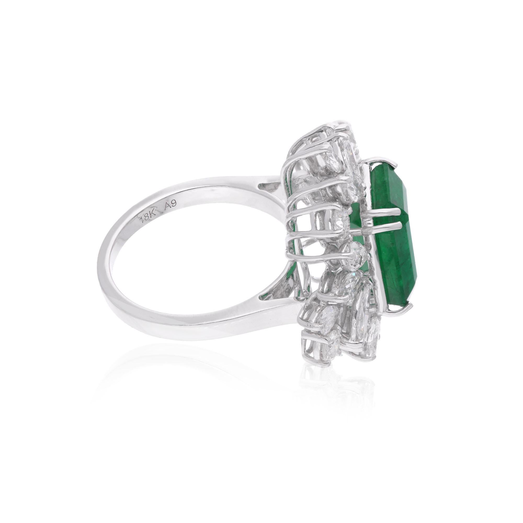 Octagon Cut Zambian Emerald Gemstone Cocktail Ring Diamond 14 Karat White Gold Fine Jewelry For Sale