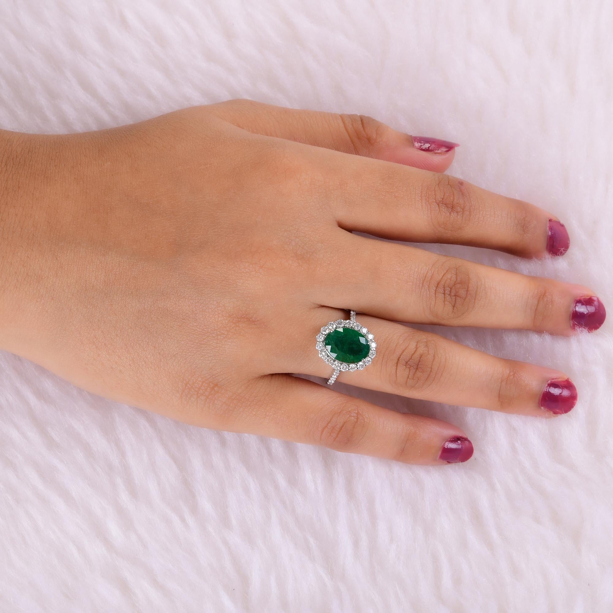 Oval Cut Zambian Emerald Gemstone Cocktail Ring Diamond 14 Karat White Gold Fine Jewelry For Sale
