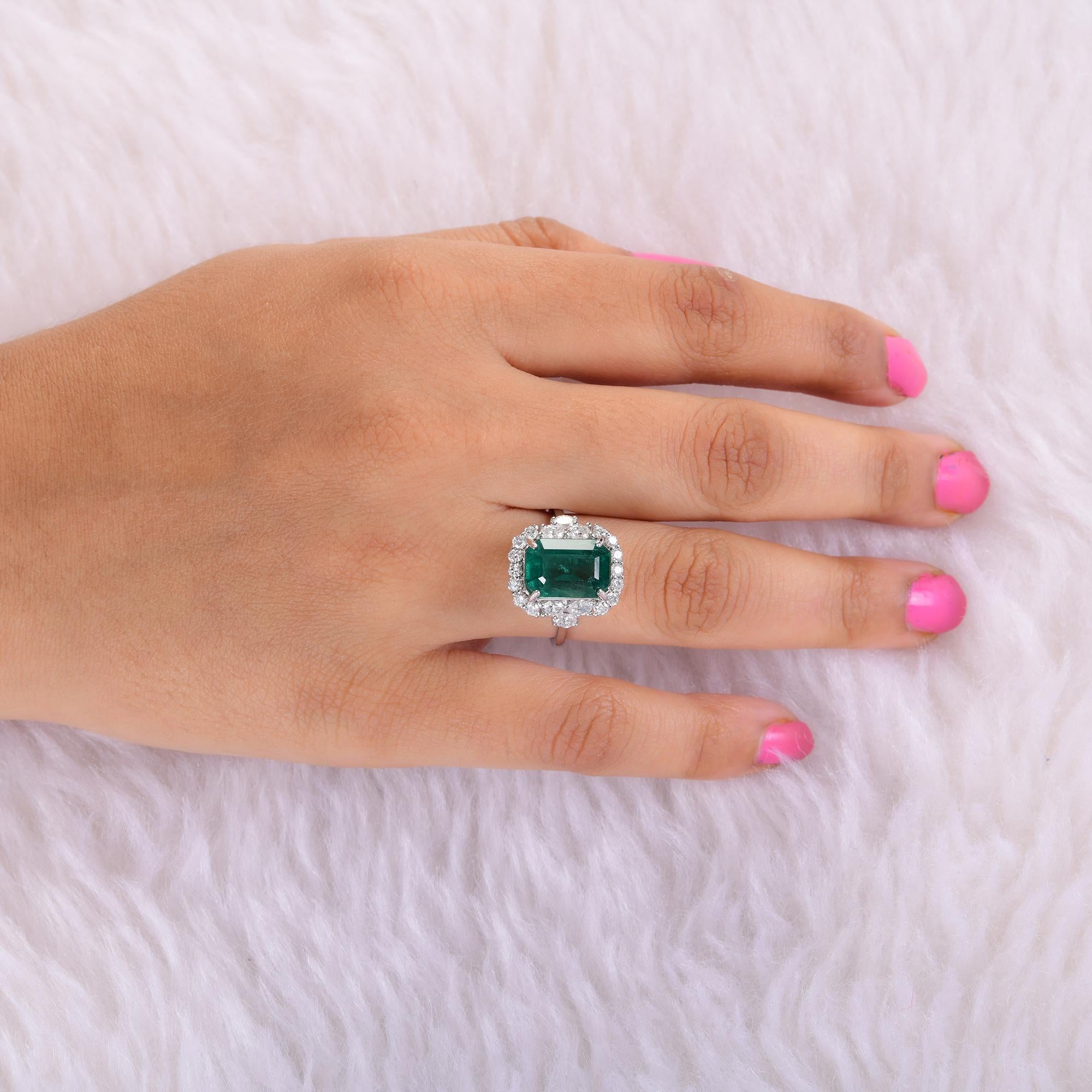 Emerald Cut Zambian Emerald Gemstone Cocktail Ring Diamond 14 Karat White Gold Fine Jewelry For Sale